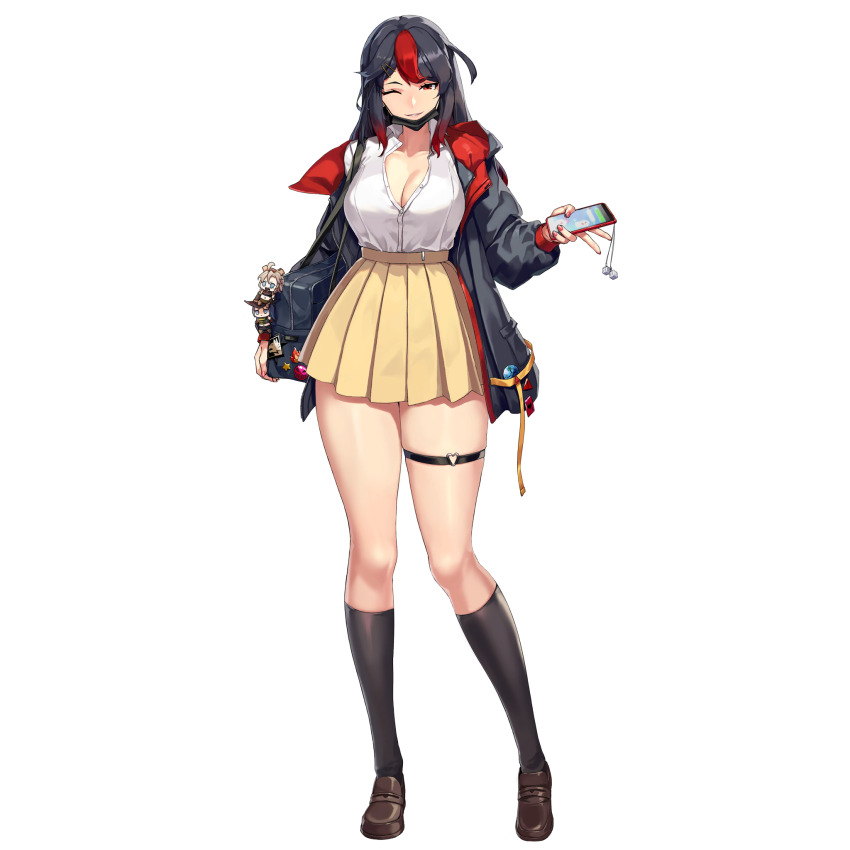 1girl ace_(playing_card) ace_of_hearts bag bare_legs black_hair black_jacket black_socks blue_bag breasts brown_shoes card character_doll cleavage collarbone collared_shirt colored_tips d-log dice doll earrings english_text full_body grin hair_ornament hairclip heart heart_o-ring highres holding holding_phone hood hooded_jacket hyena_(last_origin) jacket jewelry kneehighs knees_together_feet_apart large_breasts last_origin loafers long_hair looking_at_viewer mask miniskirt mouth_mask multicolored_hair multicolored_jacket nail_polish o-ring o-ring_thigh_strap official_alternate_costume official_art one_eye_closed open_clothes open_jacket partially_unbuttoned phone pin playing_card pleated_skirt red_eyes red_hair red_jacket red_nails salamander_(last_origin) school_uniform shirt shoes shoulder_bag sidelocks sign simple_background skirt smile socks solo standing star_pin streaked_hair stud_earrings surgical_mask tachi-e thick_thighs thigh_strap thighs third-party_source transparent_background two-tone_hair two-tone_jacket war_wolf_(last_origin) warning_sign white_shirt yellow_shirt