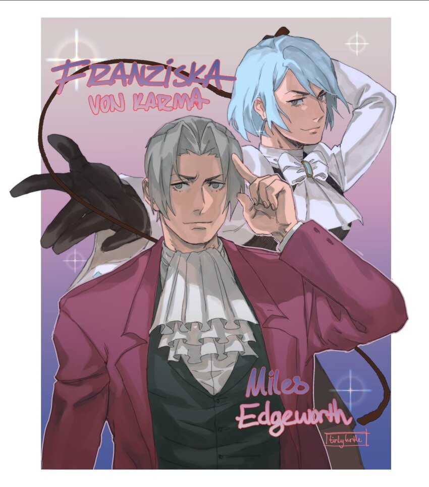 1boy 1girl ace_attorney ascot black_vest blue_eyes blue_hair brown_hair formal_clothes franziska_von_karma gloves highres holding holding_whip juliet_sleeves long_sleeves miles_edgeworth mole mole_under_eye phoenix_wright:_ace_attorney_-_justice_for_all puffy_sleeves short_hair smile suit tirtyturtle vest whip