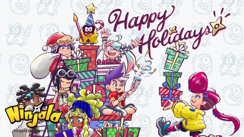 ahoge alcohol aqua_eyes aqua_hair arms_up asymmetrical_hair bandaid bandaid_on_face bandaid_on_nose berecca_(ninjala) black_hair black_shirt black_undershirt blonde_hair blue-framed_eyewear blue_hairband blue_hat blue_pants blue_pupils blue_shoes blunt_bangs blush boots box brown_boots burton_(ninjala) cake candle candy candy_cane checkered_print child christmas climbing closed_eyes closed_mouth clothes_down coat collared_jacket collared_shirt collared_vest commentary confetti copyright_name copyright_notice creature cup cursive dark-skinned_female dark-skinned_male dark_skin denim diagonal-striped_hat dreadlocks drinking_glass emma_(ninjala) english_commentary english_text everyone eyelashes eyepatch flat_chest food freckles fruit fur-trimmed_jacket fur_trim gift gift_box green_hair green_pants gumchi hair_ornament hairband hairclip half_updo happy happy_holidays hat hat_ornament headphones high_collar highres holding holding_box holding_candle holding_cup holding_gift holding_party_popper holding_sack impossible_hair jacket jane_(ninjala) jeans kappei_(ninjala) kinky_hair ladder logo logo_print long_hair long_shirt long_sidelocks long_sleeves looking_at_another looking_at_viewer lucy_(ninjala) mandarin_collar medical_eyepatch multicolored_hair multicolored_shoes ninjala o-ring official_art open_clothes open_jacket open_mouth orange_sleeves padded_vest pants pants_rolled_up parted_bangs partially_unzipped party_hat party_popper peeking_out petal_print pin pink_hair pink_shirt pink_thighhighs pom_pom_(clothes) pompadour ponytail popped_collar profile puffy_long_sleeves puffy_sleeves purple_hair purple_thighhighs race_queen red_boots red_hat red_romper red_sleeves red_wine rianti-wong ron_(ninjala) sack santa_costume santa_hat second-party_source semi-rimless_eyewear sharp_teeth shirt shoes short_hair short_sleeves shorts shuriken sidecut sidelocks simple_background single_fishnet_armwear single_sleeve skinny sleeveless sleeveless_jacket smile sneakers spiked_hair_ornament star_(symbol) star_hat_ornament star_print strawberry streaked_hair striped_wristband teeth text_print thick_eyebrows thigh_boots thighhighs tongue twintails two-tone_hair two-tone_hat two-tone_shirt undercut undershirt unzipped upper_teeth_only van_(ninjala) very_long_hair vest walking watermark waving weapon web_address white_bag white_coat white_hair white_shirt white_shoes white_sleeves wine wine_glass wristband x_hair_ornament yellow_jacket yellow_sleeve_cuffs zipper_pull_tab