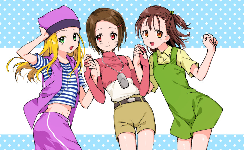 3girls artist_request belt belt_buckle blonde_hair blue_background blue_shirt blush breasts brown_hair buckle camera closed_mouth crossover digimon digimon_adventure_02 digimon_frontier digimon_tamers digital_camera dress elbow_gloves facing_viewer female_focus fingerless_gloves gloves green_dress green_eyes hair_ornament hair_tie hairclip hand_on_own_head hand_up hands_up happy hat holding holding_hands jacket katou_juri long_hair looking_at_viewer midriff multicolored_background multicolored_shirt multiple_girls navel open_mouth orange_eyes orimoto_izumi pink_shirt purple_skirt purple_vest red_eyes shirt short_hair short_sleeves shorts side_ponytail skirt sleeveless sleeveless_shirt small_breasts smile spots standing striped_clothes striped_shirt t-shirt tongue vest white_background white_shirt yagami_hikari