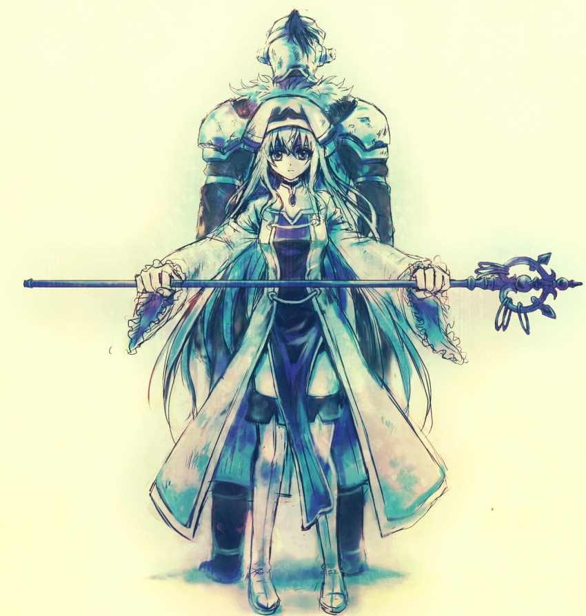 1boy 1girl armor bad_id bad_pixiv_id blue_eyes blue_theme boots breasts dress goblin_slayer goblin_slayer! hair_between_eyes hat height_difference helmet highres holding holding_staff long_hair long_sleeves looking_at_viewer pelvic_curtain priestess_(goblin_slayer!) shoulder_armor small_breasts st5g75w staff standing straight-on thigh_boots very_long_hair white_background