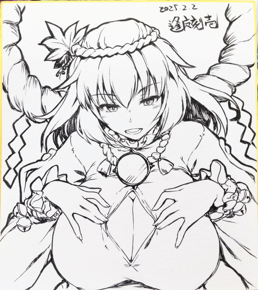 1girl absurdres breasts cleavage commission dated hair_ornament high_contrast highres huge_breasts leaf_hair_ornament long_sleeves looking_at_viewer mirror monochrome open_mouth ouma_tokiichi pixiv_commission rope shikishi shimenawa solo touhou upper_body yasaka_kanako
