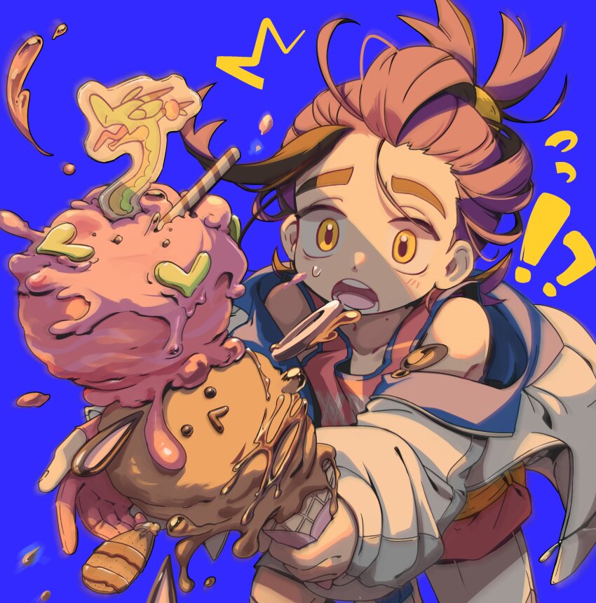 !? 1boy absurdres black_hair blue_background food gloves highres holding holding_food holding_ice_cream hydrapple ice_cream ice_cream_cone ice_cream_cone_spill jacket kieran_(pokemon) lingye male_focus mole mole_on_neck multicolored_hair nintendo open_clothes open_jacket partially_fingerless_gloves pokemon pokemon_sv purple_hair red_gloves red_tank_top shorts small_sweatdrop surprised tank_top thick_eyebrows two-tone_hair white_jacket white_shorts yellow_eyes