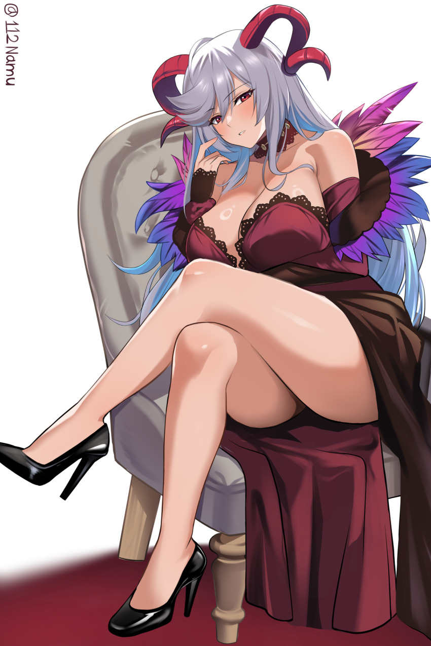 1girl artist_name bare_legs black_footwear breasts cleavage cornelia_arnim cornelia_arnim_(cosplay) cosplay crossed_legs dress feather_trim fire_emblem fire_emblem_heroes freyja_(fire_emblem) grey_hair high_heels highres lace lace-trimmed_dress lace_trim large_breasts long_hair namu_(112namu) nintendo sitting solo very_long_hair