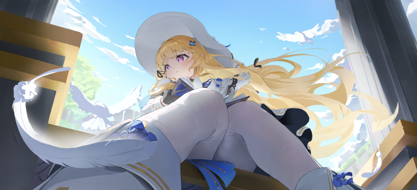 1girl absurdres black_gloves blonde_hair blue_sky blush bomji book closed_mouth commentary day feathers from_below gloves hair_ornament hat highres knees_together_feet_apart long_hair long_sleeves looking_to_the_side open_book outdoors pantyhose phoebe_(wuthering_waves) purple_eyes shirt sitting sky smile solo white_feathers white_hat white_pantyhose white_shirt wind wuthering_waves x_hair_ornament