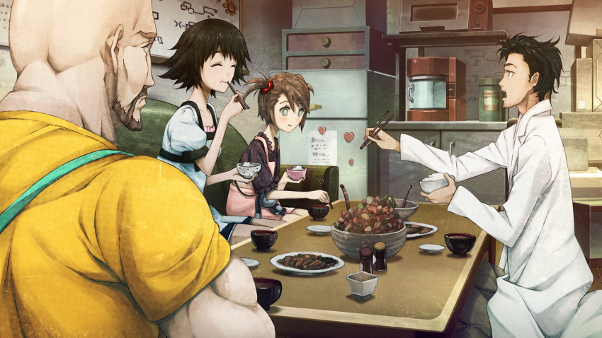 2boys 2girls adam&#039;s_apple apron aqua_eyes bald beard beard_stubble biceps black_bow black_hair black_sash black_trim blouse blue_dress blue_hat bow bowl breast_pocket brown_hair brown_pants chest_bow chopsticks closed_eyes coat coffee_maker collar collarbone couch dress eating eyelashes facial_hair food food_request frilled_collar frilled_hat frills from_behind future_gadget_lab game_cg green_apron green_eyes grey_eyes hair_tie hat highres holding holding_bowl holding_chopsticks huke indoors kneeling lab_coat lapels light_blush long_sleeves looking_at_food looking_at_viewer medium_hair messy_hair microwave multiple_boys multiple_girls muscular muscular_male non-web_source noodles notched_lapels object_in_pocket official_art okabe_rintarou on_couch open_mouth pants pen_in_pocket pinafore_dress pink_dress pink_frills pocket puffy_short_sleeves puffy_sleeves purple_shirt ramen refrigerator rice rice_bowl ringed_eyes sash shiina_mayuri shirt short_sleeves short_twintails shorts shorts_under_dress shorts_under_skirt sideburns sidelocks sitting sleeveless sleeveless_dress square_pupils steins;gate steins;gate:_linear_bounded_phenogram stubble table tareme teeth tennouji_nae tennouji_yuugo thick_eyebrows triceps twintails upper_teeth_only waist_sash wariza white_coat yellow_shirt