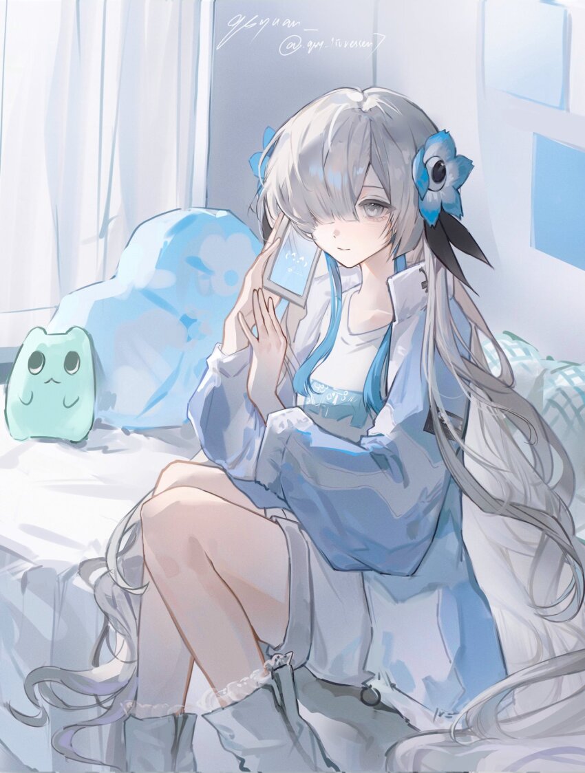 1girl anemone_(flower) bedroom blue_flower blue_hair boots cellphone flat_chest flower gomidasu_(kamitsubaki_studio) grey_shorts hair_between_eyes hair_flower hair_ornament hair_over_one_eye highres indoors isekaijoucho kamitsubaki_studio long_hair multicolored_hair on_bed one_eye_covered phone pillow puffy_sleeves qsy_livressen7 shirt shorts sidelocks solo twitter_username very_long_hair watermark white_eyes white_hair white_shirt