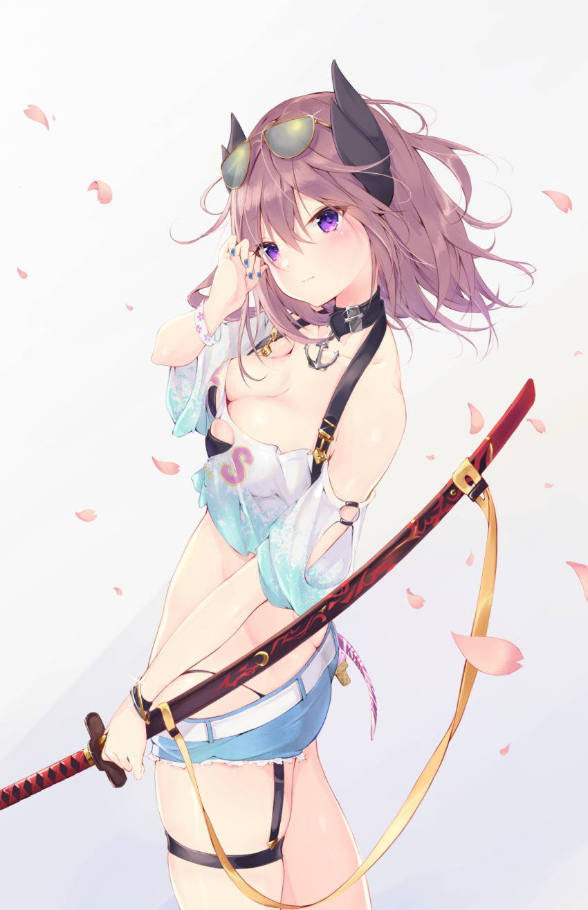 1girl anchor_choker anchor_collar ass azur_lane bare_shoulders bikini bikini_under_clothes black_bikini black_horns blue_nails blush breasts brown_hair butt_crack cherry_blossoms cleavage cleavage_cutout clothing_cutout collarbone commentary_request cowboy_shot crop_top crop_top_overhang cutoff_jeans cutoffs eyewear_on_head falling_petals female_focus food glint hair_between_eyes heart_cutout highleg highleg_bikini highres holding holding_weapon horns ice_cream katana kirishima_(azur_lane) kirishima_(summery_audacity)_(azur_lane) large_breasts looking_at_viewer medium_breasts micro_shorts midriff nail_polish navel petals purple_eyes purple_hair sheath sheathed short_hair short_shorts shorts sidelocks simple_background skindentation smile solo standing stomach sunglasses sunglasses_on_head swimsuit swimsuit_under_clothes sword t-bth thigh_strap twisted_torso underwear weapon