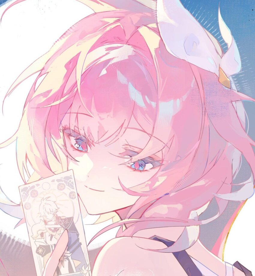 1girl bare_shoulders blue_eyes card coat cyrene_(honkai:_star_rail) from_side hair_ornament hashtag-only_commentary highres holding holding_card honkai:_star_rail honkai_(series) medium_hair phainon_(honkai:_star_rail) pink_hair pink_pupils portrait purple_coat shiita34 smile solo tarot tarot_card two-tone_background