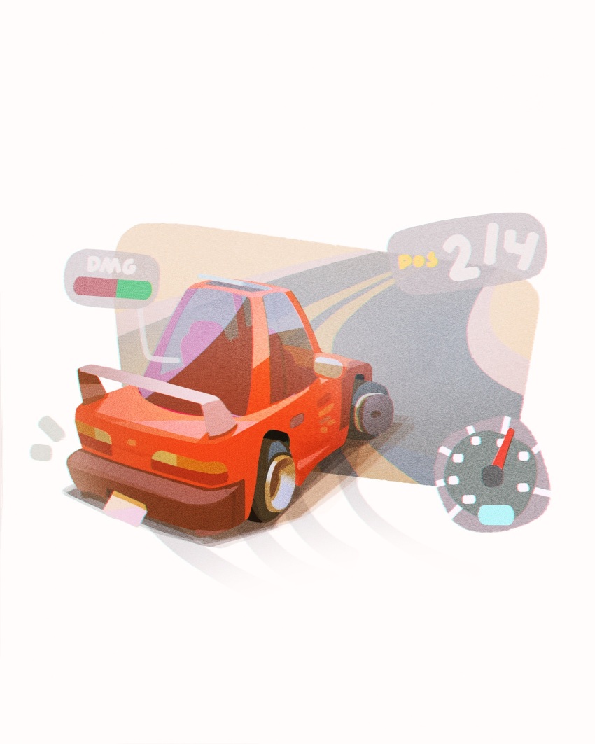car chibi drifting forza from_behind health_bar highres motor_vehicle nissan nissan_silvia nissan_silvia_s13 no_humans notice_lines red_car road shadow spec_(nick) spoiler_(automobile) sports_car vehicle_focus