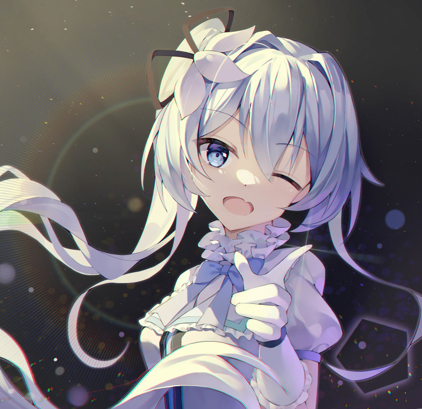 1girl :d absurdres aimh bang_(gesture) blue_bow blue_bowtie blue_eyes bow bowtie dress fang finger_gun flower frilled_dress frills hair_between_eyes hair_flower hair_ornament highres honkai_(series) honkai_impact_3rd long_hair looking_at_viewer one_eye_closed open_mouth panties pointing pointing_at_viewer shigure_kira shirt short_hair side_ponytail smile solo underwear white_dress white_flower white_hair white_panties white_shirt