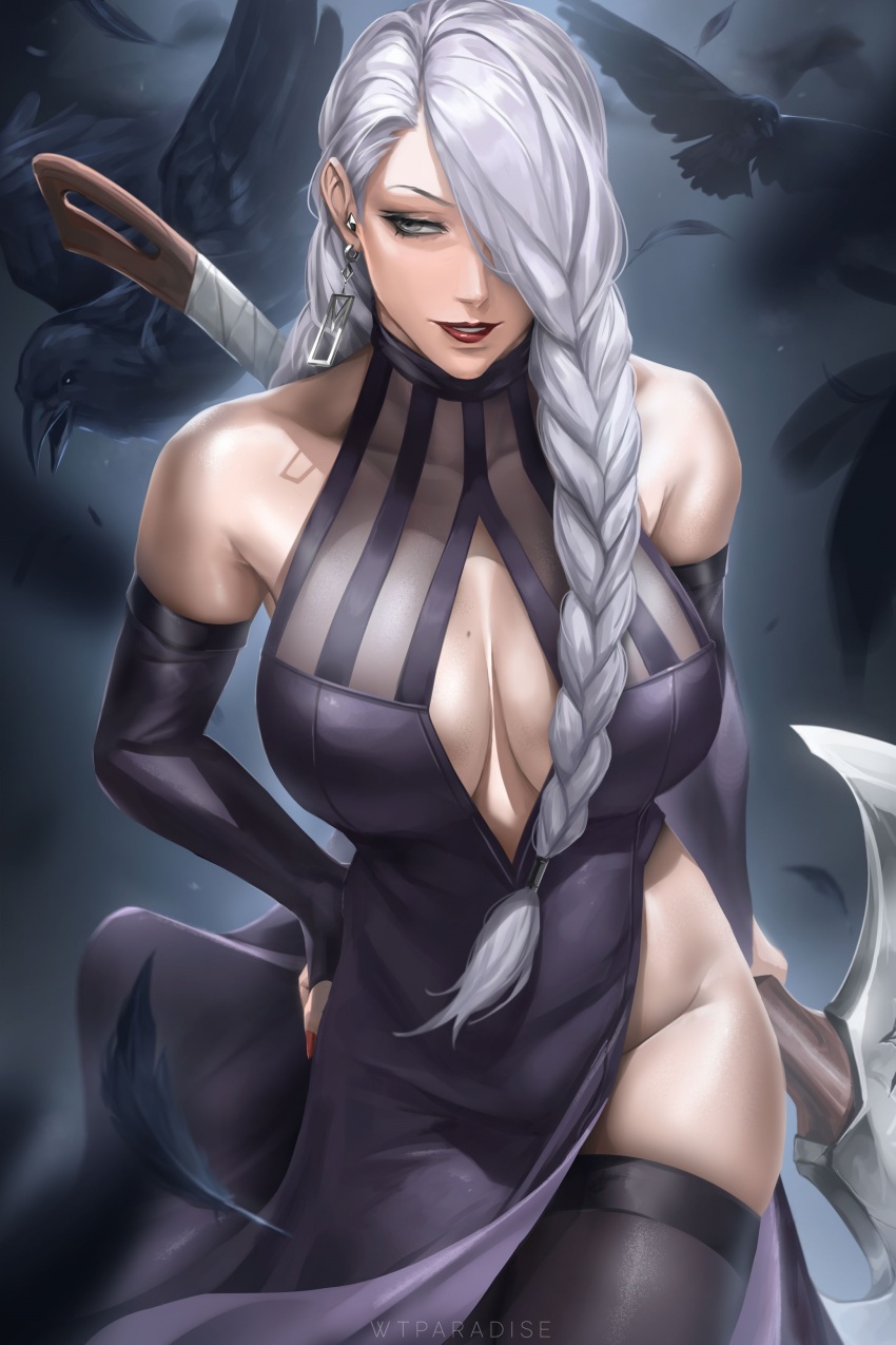 1girl absurdres animal axe bird black_dress black_feathers covered_erect_nipples crow dress feathers fingernails grey_eyes grey_hair hair_over_one_eye half-closed_eyes highres holding holding_axe holding_weapon jujutsu_kaisen long_hair mei_mei_(jujutsu_kaisen) nail_polish over_shoulder parted_lips pink_nails puffy_sleeves smile turtleneck weapon weapon_over_shoulder wtparadise