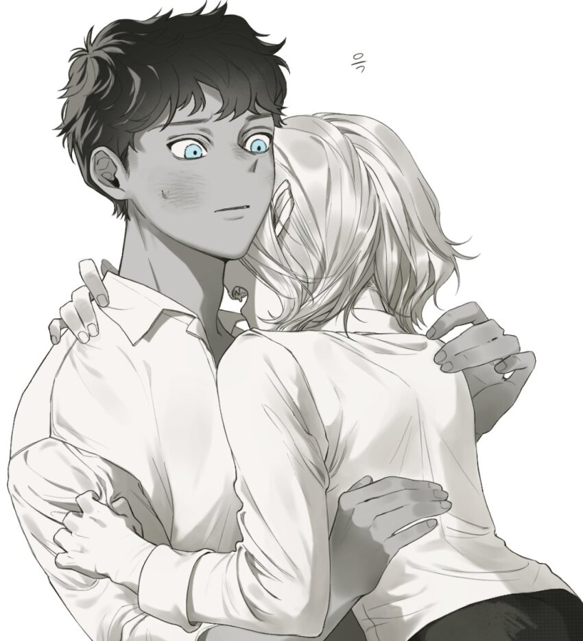 2boys alternate_universe back bags_under_eyes blue_eyes blush curly_hair dark-skinned_male dark_skin dungeon_meshi elf fangs fangs_out gulli_mm hug kabru lazy_eye long_sleeves looking_at_another male_focus mithrun monochrome multiple_boys notched_ear open_mouth pointy_ears shirt short_hair simple_background spot_color sweatdrop uneven_eyes vampire wavy_hair white_background yaoi