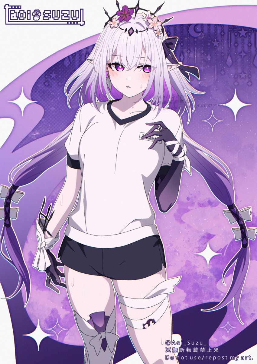1girl alternate_costume aoi_suzu asymmetrical_gloves black_shorts black_tiara bow bright_pupils castorice_(honkai:_star_rail) floating_hair flower gloves grey_hair gym_uniform hair_between_eyes hair_bow hair_flower hair_ornament hand_up highres honkai:_star_rail honkai_(series) long_hair looking_at_viewer multicolored_hair name_tag parted_lips pointy_ears purple_bow purple_eyes purple_flower purple_gloves purple_hair shirt shorts single_thighhigh solo sweat thighhighs tiara uneven_gloves white_bow white_pupils white_shirt white_thighhighs