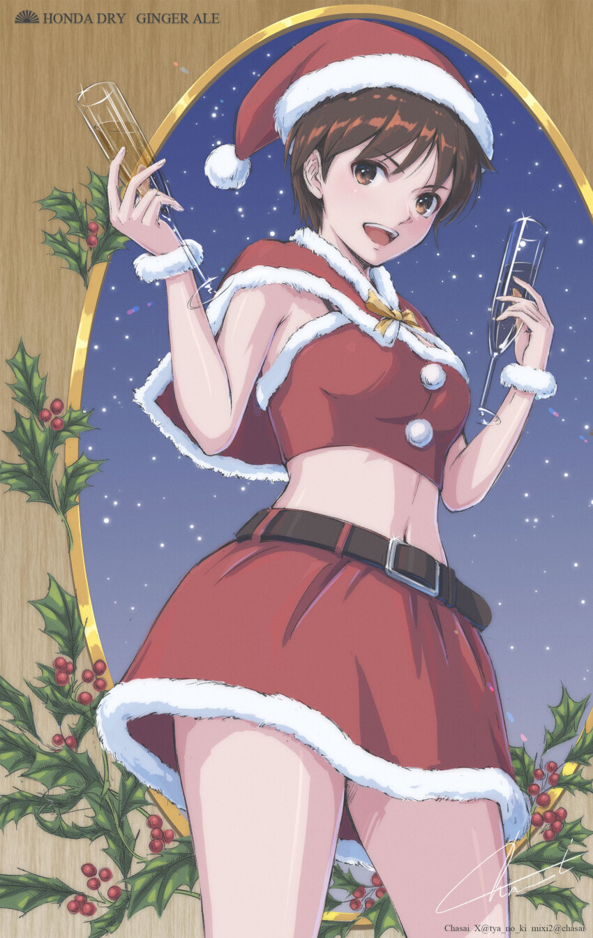 1girl absurdres brown_eyes brown_hair capelet champagne_flute commentary_request cowboy_shot cup drinking_glass fur-trimmed_capelet fur-trimmed_headwear fur-trimmed_skirt fur_trim hat highres holding holding_cup kasugano_sakura looking_at_viewer red_capelet red_skirt red_tube_top santa_capelet santa_costume santa_hat signature skirt solo strapless street_fighter teeth tube_top twitter_username tyanoki upper_teeth_only white_fur
