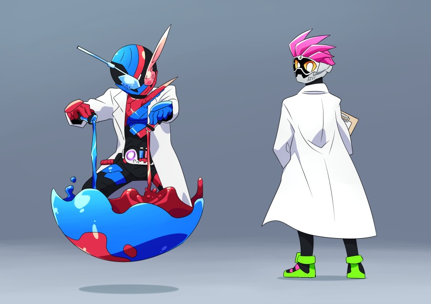 2boys absurdres action_gamer_level_2 belt build_driver clipboard doctor fullbottle highres kamen_rider kamen_rider_build kamen_rider_build_(series) kamen_rider_ex-aid kamen_rider_ex-aid_(series) lab_coat liquid looking_back mighty_action_x_level_2 multiple_boys otokamu pouring rabbit+tank_form scientist standing