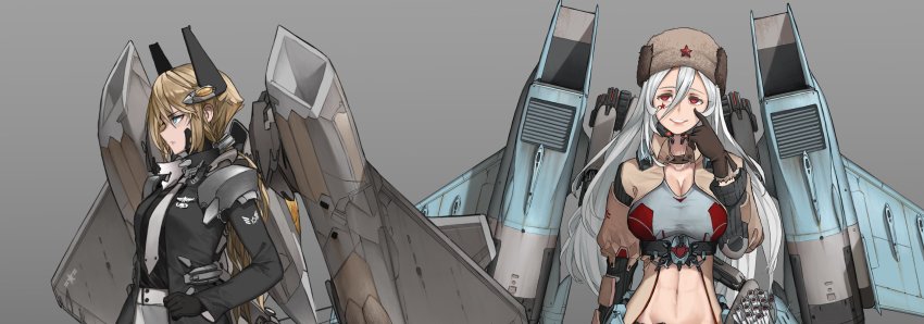 2girls air_supreriority_fighter arm_at_side breasts brown_coat cleavage coat collar cowboy_shot dishwasher1910 emblem f-22 facial_mark fighter_aircraft finger_to_cheek fur-trimmed_gloves fur_trim gloves gradient_background grey_hair hat highres interdictor lips multiple_girls multirole_combat_aircraft original standing star_(symbol) star_facial_mark stomach su-30