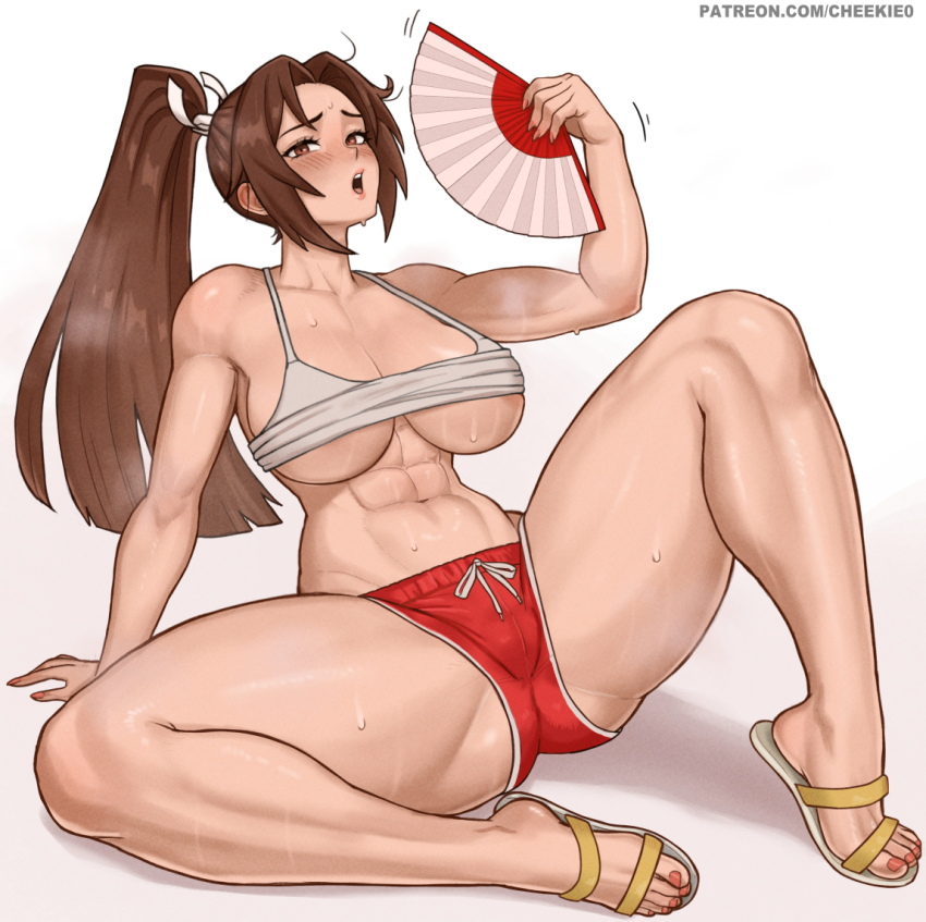 1girl abs areola_slip artist_name bare_shoulders blush breasts brown_eyes brown_hair cheekie cleavage commentary covered_erect_nipples english_commentary fanning_self fatal_fury feet female_focus folded_fan folding_fan hand_fan high_ponytail holding holding_fan hot knee_up large_breasts legs long_hair looking_at_viewer matching_hair/eyes muscular muscular_female nail_polish navel no_bra open_mouth patreon_username ponytail sandals shiranui_mai short_shorts shorts snk solo sweat tank_top the_king_of_fighters thick_thighs thighs toenail_polish toenails toes twitter_username underboob watermark web_address