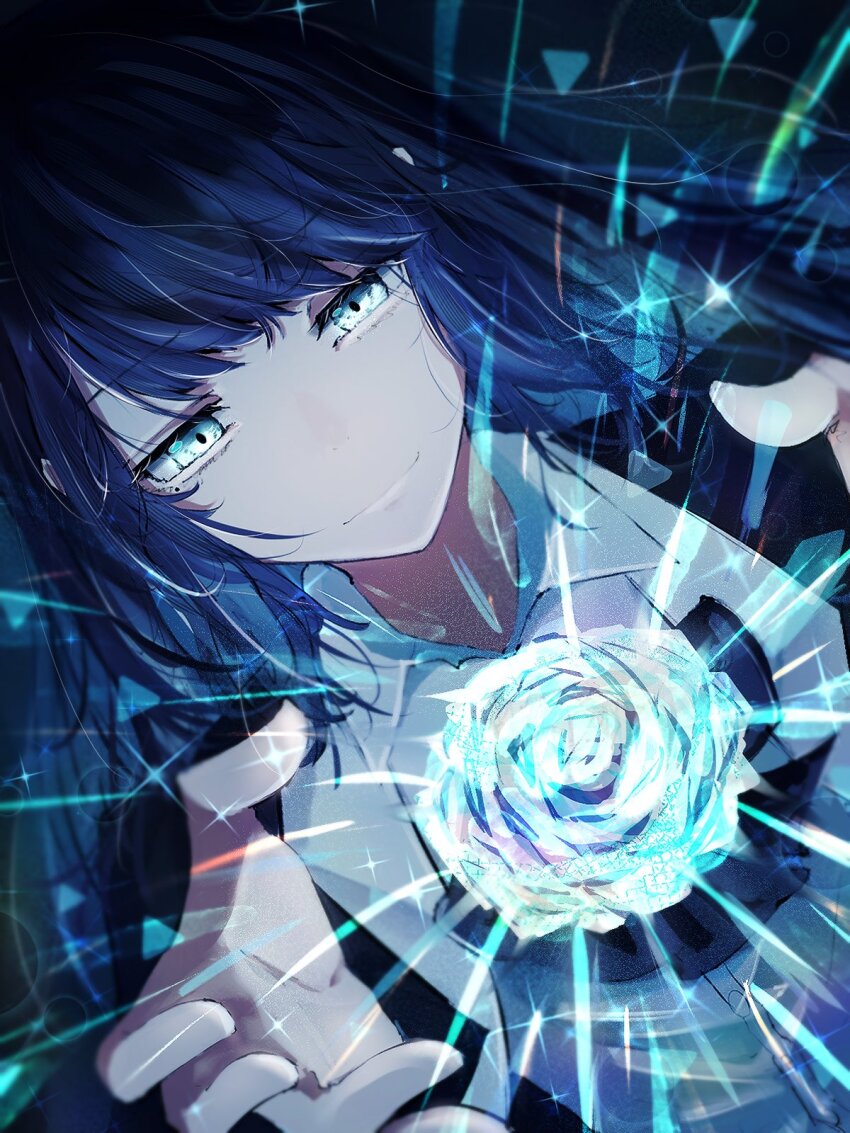 1girl ado_(utaite) blue_flower blue_hair blue_rose blue_shirt chando_(ado) closed_mouth commentary_request flower highres long_hair mole mole_under_eye rose shirt solo tanake_(tanakei_ado) upper_body utaite