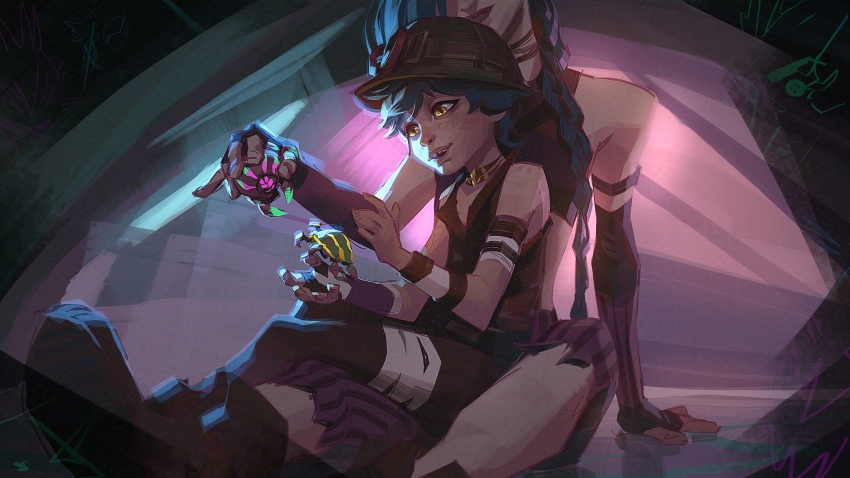 2girls arcane:_league_of_legends arcane_jinx bare_shoulders blue_hair braid child crop_top fingerless_gloves gloves hair_ornament highres isha_(arcane) jeremy_anninos jinx_(league_of_legends) league_of_legends long_hair multiple_girls pants smile twin_braids