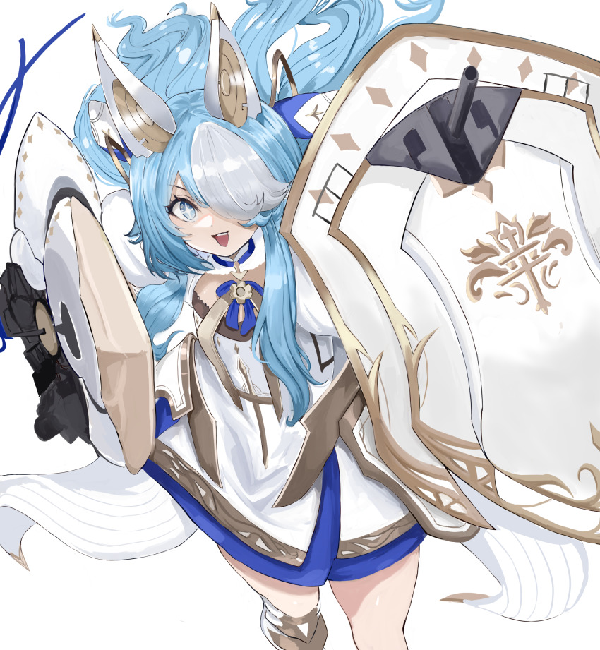 +_+ 1girl absurdres animal_ears azur_lane blue_eyes blue_hair dress fake_animal_ears hair_spread_out highres holding holding_polearm holding_shield holding_weapon iris_libre_(emblem) kesseil long_hair looking_at_viewer maille-breze_(azur_lane) multicolored_hair one_eye_covered polearm shield ship_turret solo spear thighhighs wavy_hair weapon white_dress