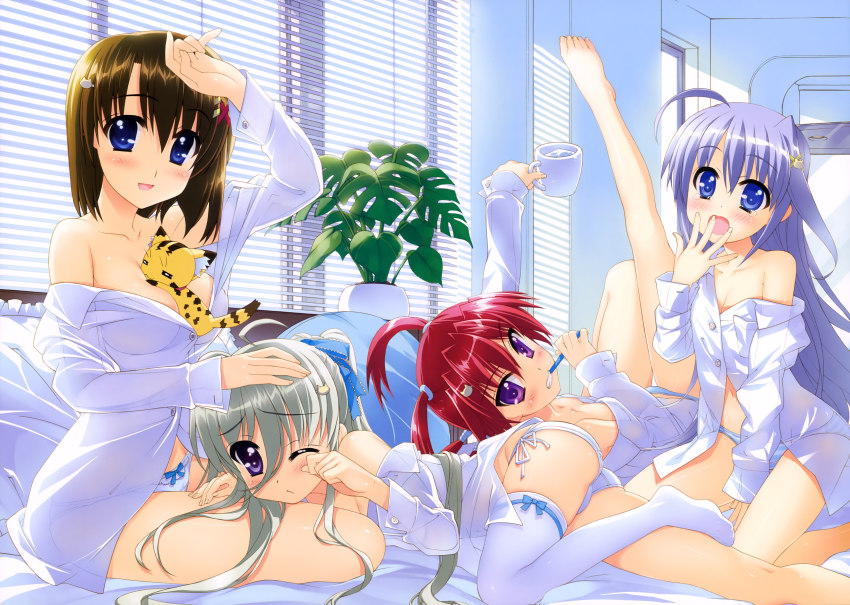 10s 4girls absurdres agito_(nanoha) ahoge arm_support arm_up ass asteion barefoot between_breasts blue_eyes blue_hair bow bow_panties breasts brown_hair cleavage cup dress_shirt einhard_stratos feet flat_chest fujima_takuya hair_ornament hair_ribbon hairclip hand_to_own_mouth highres huge_filesize leg_up long_hair looking_at_viewer looking_back lying lyrical_nanoha mahou_shoujo_lyrical_nanoha mahou_shoujo_lyrical_nanoha_vivid multiple_girls no_bra off_shoulder one_eye_closed open_clothes open_mouth open_shirt panties purple_eyes red_hair reinforce_zwei ribbon see-through_clothes see-through_silhouette shirt side-tie_panties sidelocks silver_hair sitting smile striped_clothes striped_panties tears thighhighs toes toothbrush twintails underwear white_legwear white_panties window_blinds x_hair_ornament yagami_hayate yawning yokozuwari