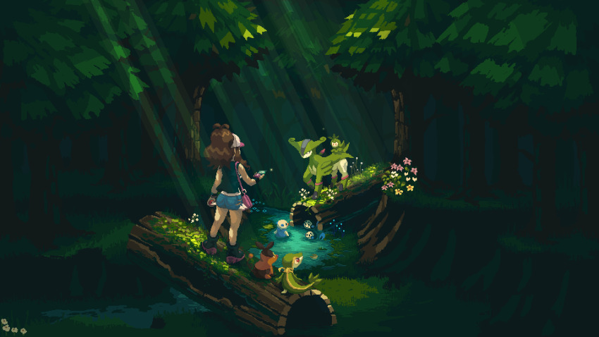 1girl bag black_footwear black_shirt boots brown_hair cellphone denim denim_shorts facing_away flower forest gen_5_pokemon grass hand_up handbag hat high_ponytail highres hilda_(pokemon) holding holding_phone holding_poke_ball itzah legendary_pokemon light_rays log long_hair moss nature nintendo oshawott outdoors petilil phone pink_bag pink_flower pixel_art plant poke_ball poke_ball_(basic) pokemon pokemon_(creature) pokemon_bw ponytail scenery shirt short_shorts shorts sleeveless sleeveless_shirt snivy standing tepig tree tympole virizion water white_flower white_headwear yellow_flower