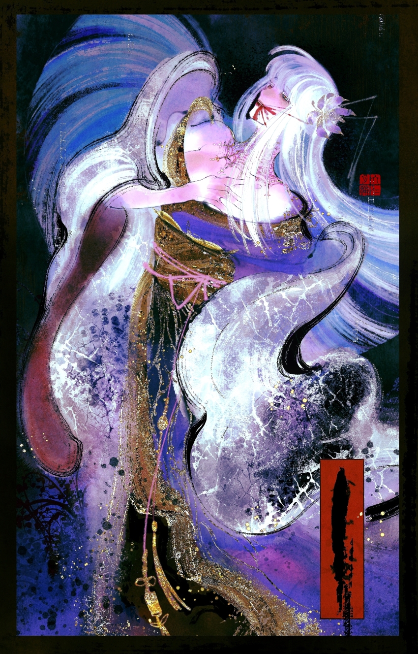 1girl absurdres bare_shoulders black_border blood blood_from_mouth blood_on_face blue_kimono blunt_ends border colored_eyelashes cowboy_shot final_fantasy final_fantasy_xiv flower green_eyes hair_flower hair_ornament hand_on_own_chest highres hyur inrou japanese_clothes kimono lace_collar liu_ren_yuebing long_hair obi obijime open_mouth sash solo straight_hair white_hair yotsuyu_goe_brutus