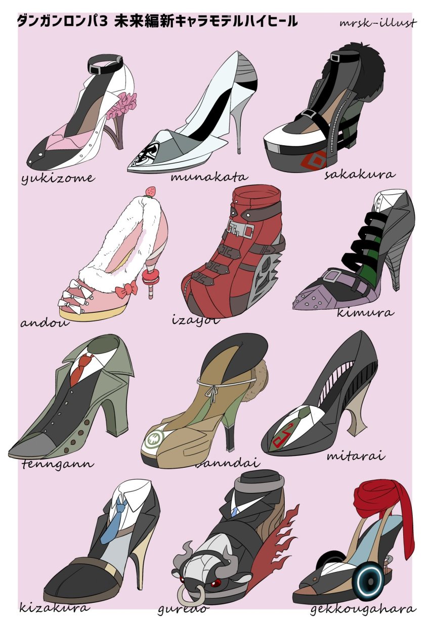 ando_ruruka bandai_daisaku black_choker black_vest blue_neckwear border bow brown_jacket character_name choker commentary_request danganronpa_(series) danganronpa_3_(anime) fake_horns frills fur_trim gekkogahara_miaya great_gozu green_neckwear grey_background high_heels highres horns izayoi_sounosuke jacket kimura_seiko kizakura_kouichi mitarai_ryota munakata_kyousuke murasaki_(deceive138) necktie no_humans nose_piercing nose_ring piercing pigeon-toed red_scarf sakakura_juuzou scarf footwear_bow shoes tengan_kazuo translation_request vest white_border white_bow yukizome_chisa