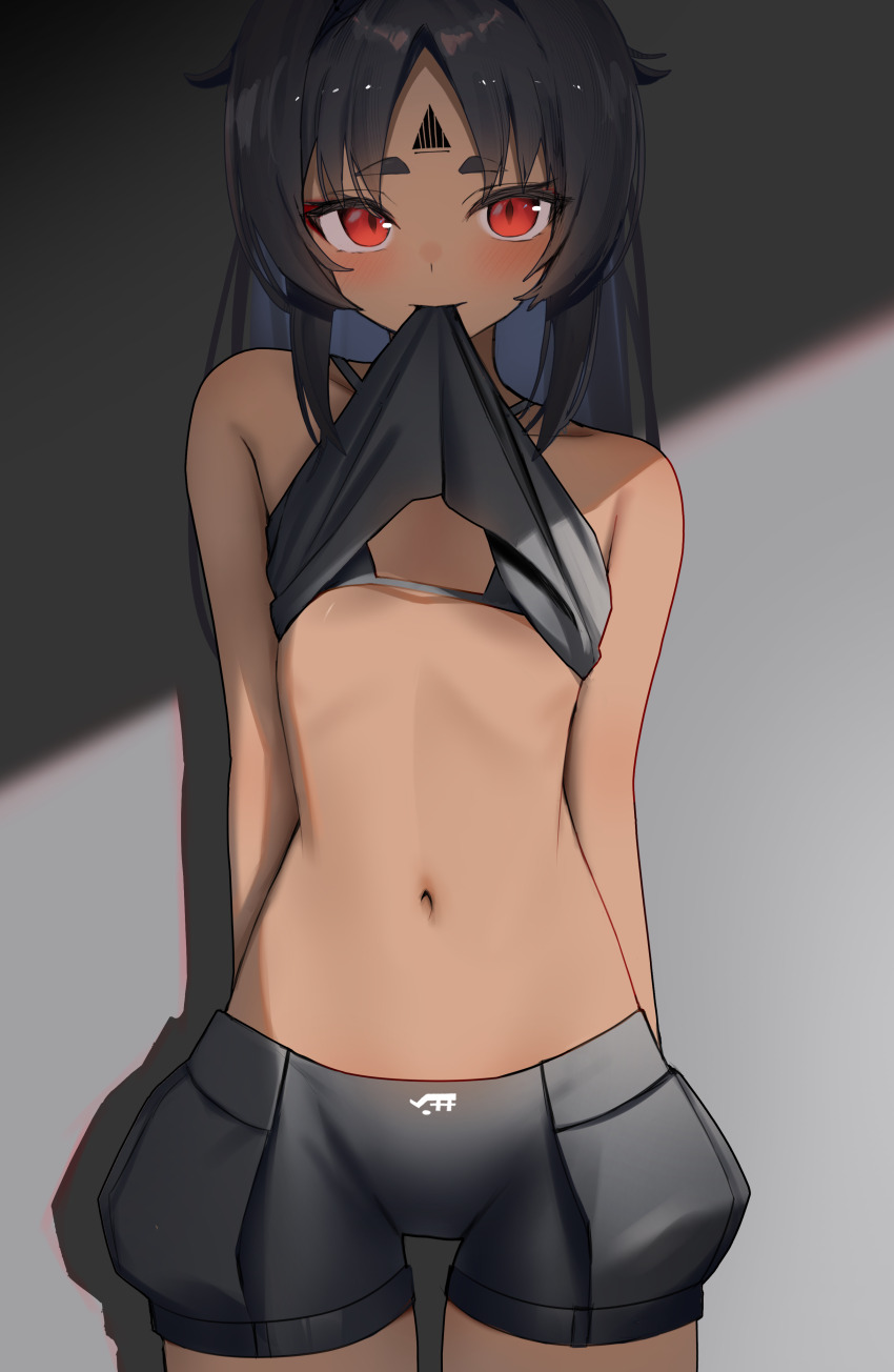 1girl absurdres arms_behind_back bare_shoulders black_bra black_hair black_shorts blush bra breasts clothes_in_mouth collarbone cowboy_shot dark-skinned_female dark_skin flat_chest gradient_background highres loli long_hair looking_at_viewer mouth_hold navel nekomiya_mana red_eyes shirt_in_mouth shorts slit_pupils small_breasts solo stomach thomas_8000 underwear zenless_zone_zero