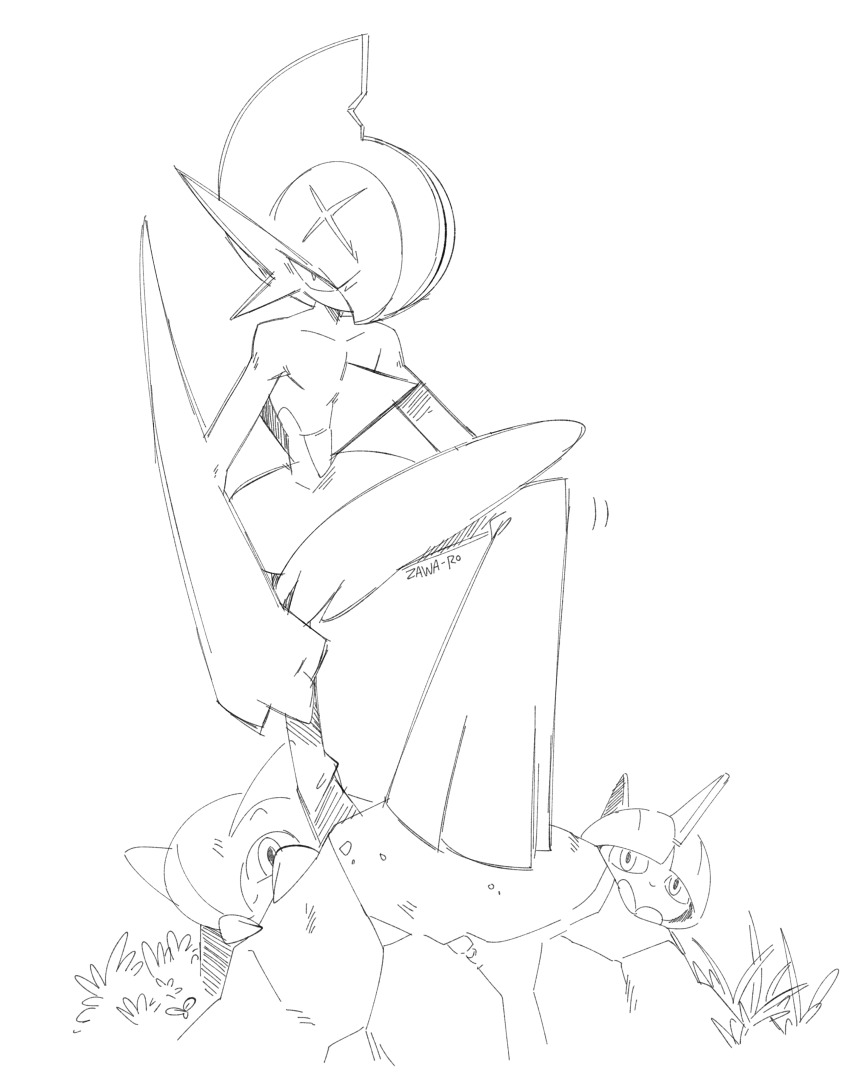 absurdres arm_blade artist_name bowl_cut gallade gen_3_pokemon gen_4_pokemon grass highres horns kirlia nintendo pokemon pokemon_(creature) ralts rock scar simple_background sketch smile superiordutchsauce weapon white_background