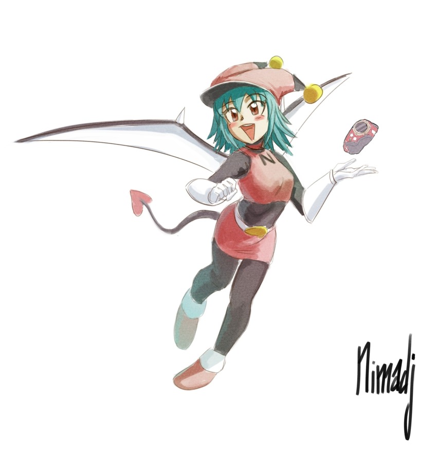 belt blue_hair digimon digimon_(creature) digivice happy hat highres looking_at_viewer navimon_(digimon) nimadj pink_eyes skirt smile solo spikes tail wings