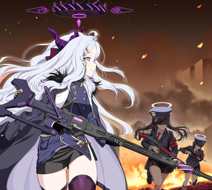 3girls absurdres ahoge armband assault_rifle battle belt beretta_ar70/90 black_coat black_footwear black_gloves black_hair black_jacket black_skirt black_socks black_thighhighs blazer blue_archive blunt_bangs bob_cut coat coat_on_shoulders collared_shirt commentary_request demon_girl demon_horns demon_wings faceless faceless_female finger_on_trigger fire forehead fur-trimmed_coat fur_trim gloves gun hair_ornament hair_ribbon hairclip half_updo halo hat highres hina_(blue_archive) holding holding_gun holding_weapon horns icevarn jacket kneehighs long_bangs long_hair long_sleeves looking_afar looking_at_viewer machine_gun mg42 military_uniform multiple_girls necktie open_clothes open_coat outdoors parted_bangs peaked_cap pencil_skirt pleated_skirt prefect_team_member_(blue_archive) profile red_armband red_necktie ribbon rifle running sam_browne_belt school_uniform shirt shoes short_hair side_slit sidelocks single_horn skirt socks solo_focus thighhighs war wavy_hair weapon white_shirt wings zettai_ryouiki
