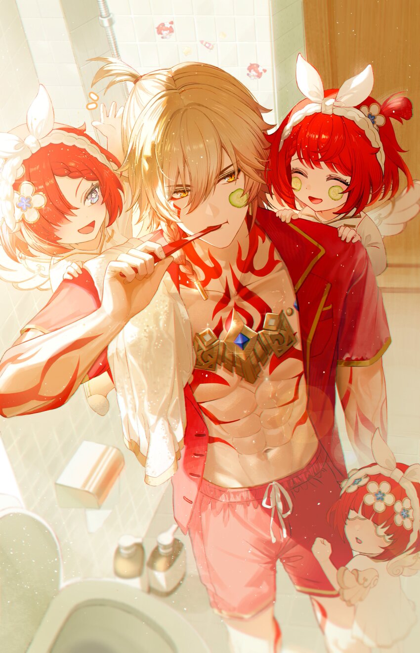 1girl 3girls abs absurdres alternate_costume angel_wings arm_tattoo bathroom blonde_hair braid chest_tattoo closed_eyes commentary dress english_commentary facial_tattoo floating flower gold_necklace gradient_hair hair_between_eyes hair_flower hair_ornament hair_over_one_eye hands_on_another&#039;s_shoulders highres holding holding_toothbrush honkai:_star_rail honkai_(series) isobe47 jewelry medium_hair multicolored_hair multiple_girls mydei_(honkai:_star_rail) necklace open_clothes open_mouth open_shirt red_hair red_shirt red_shorts red_tattoo shirt short_hair shorts side_braid tattoo toned toned_male toothbrush toothbrush_in_mouth towel_on_one_shoulder trianne_(honkai:_star_rail) tribbie_(honkai:_star_rail) trinnon_(honkai:_star_rail) white_blindfold white_dress wings yellow_eyes