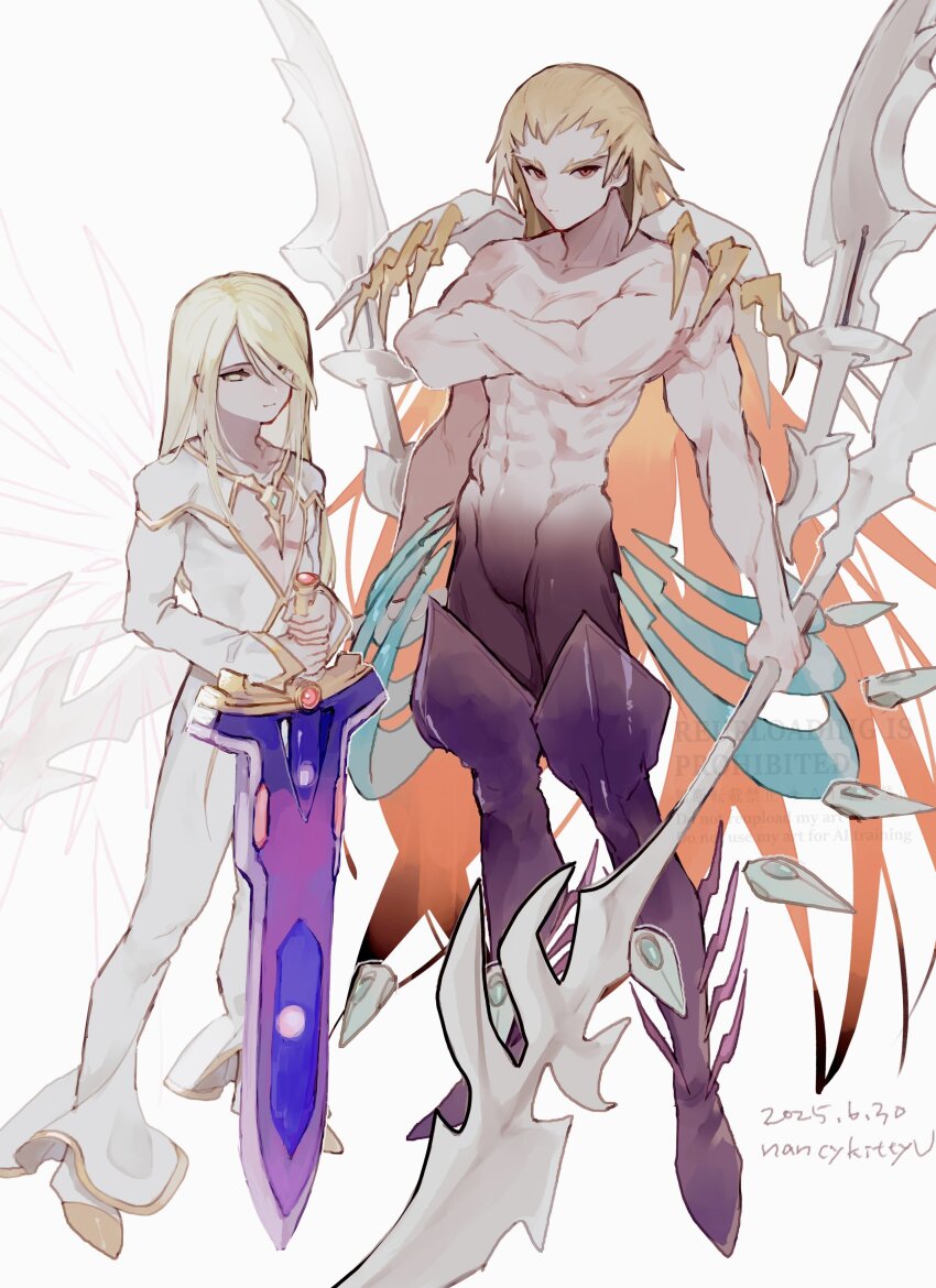 2boys absurdres blonde_hair boots chest_jewel crossed_arms dated extra_arms gloves gold_trim hair_slicked_back highres holding holding_sword holding_weapon long_hair long_sleeves male_focus mithos_yggdrasill multiple_boys nancykittyu origin_(tales) red_eyes smile sword tales_of_(series) tales_of_symphonia thigh_boots toned toned_male topless_male weapon white_background wings yellow_eyes