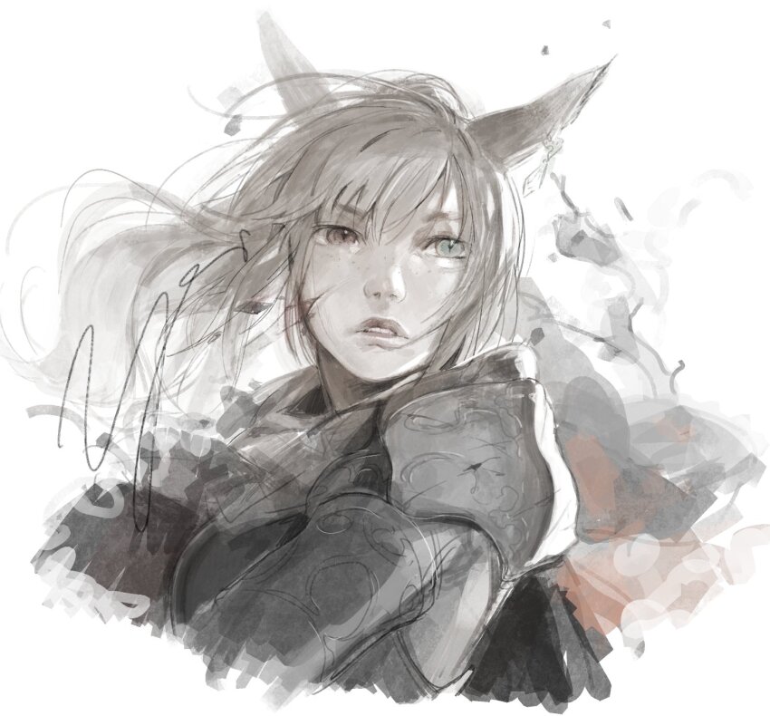 1girl animal_ears armor blue_eyes brown_eyes hair_flowing_over heterochromia highres looking_at_viewer original painterly portrait signature slit_pupils solo watercolor_effect white_background white_hair wolf_ears yoimon