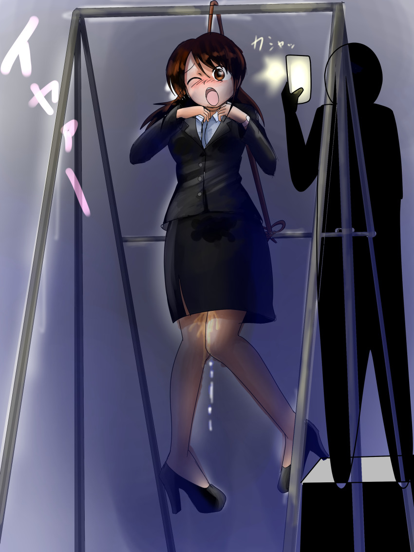 1boy 1girl absurdres asphyxiation attack blush cellphone choking highres peeing peril phone punishment restrained rope strangulation suite tagme