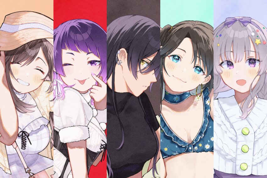 5girls 965ma_mogumogu ;p ^_^ absurdres akanbe aqua_bikini bikini black_hair black_shirt blush bow breasts brown_hair cardigan closed_eyes column_lineup commentary_request eyelid_pull fingernails grey_hair hair_bow hair_ornament hat head_tilt highres idolmaster idolmaster_shiny_colors l&#039;antica_(idolmaster) looking_at_viewer medium_breasts mitsumine_yuika multiple_girls nail_polish one_eye_closed purple_hair shirase_sakuya shirt sideways_glance simple_background smile star_(symbol) star_hair_ornament straw_hat sweater swimsuit tanaka_mamimi tongue tongue_out tsukioka_kogane upper_body white_shirt white_sweater yellow_cardigan yukoku_kiriko