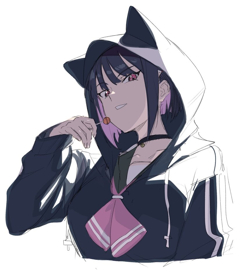 1girl animal_hood black_choker black_hair black_jacket blue_archive candy cat_hood choker colored_inner_hair commentary_request cropped_torso food highres holding holding_candy holding_food holding_lollipop hood hood_up hooded_jacket jacket kazusa_(blue_archive) lollipop long_sleeves looking_at_viewer multicolored_hair neckerchief no_halo pink_hair pink_neckerchief red_eyes short_hair simple_background sketch smile solo white_background yamamoto_kichiko