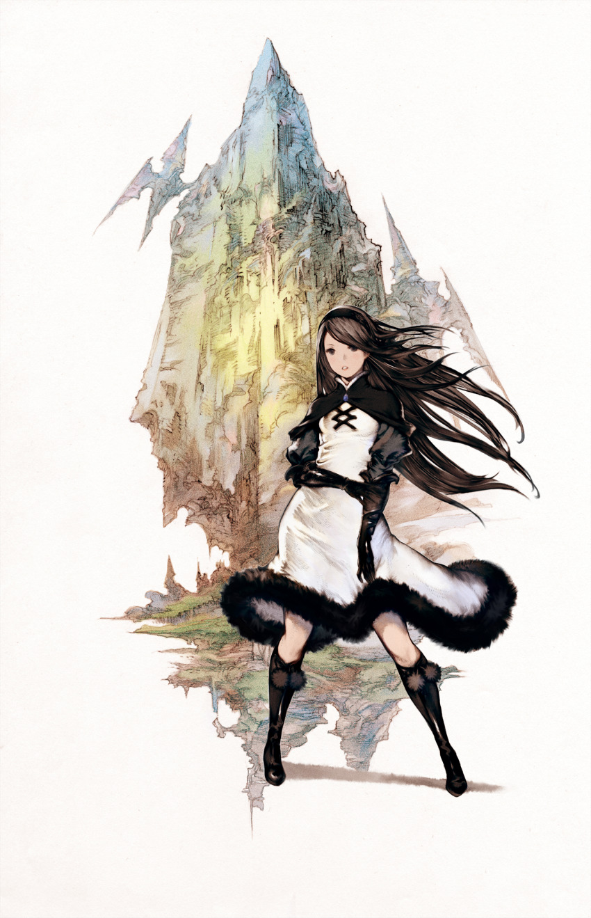 1girl agnes_oblige black_boots black_capelet black_eyes black_hair black_hairband boots bravely_default:_flying_fairy bravely_default_(series) capelet dress floating_hair full_body fur-trimmed_dress fur_trim gloves hairband highres knee_boots legs_apart long_hair looking_at_viewer official_art parted_lips pom_pom_(clothes) protected_link psd_available puffy_sleeves second-party_source solo standing white_background white_dress yoshida_akihiko