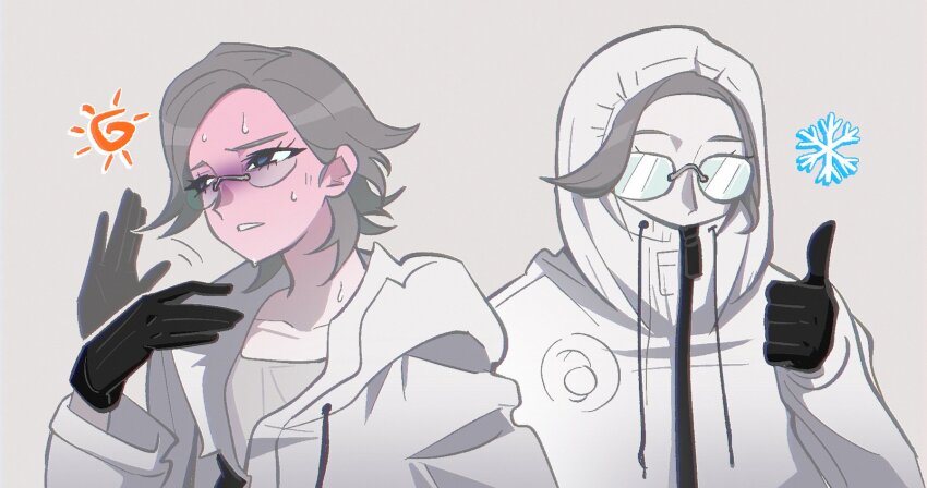 aotsuki_eito black_gloves blue_eyes blush closed_mouth cold collarbone drawstring fanning_self glasses gloves grey_background grey_hair hand_up hood hood_down hood_up hoodie hot jacket male_focus multiple_views open_clothes open_jacket open_mouth pale_skin parted_hair shirt simple_background solo solo_focus sweat sweatdrop the_hundred_line_-last_defense_academy- thumbs_up white_hoodie white_jacket white_shirt zipper zipper_pull_tab
