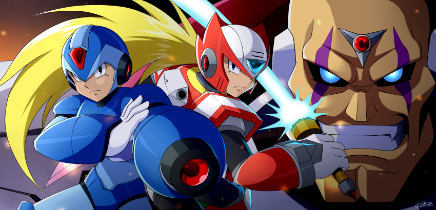 3boys absurdres aiming aiming_at_viewer alexstardust31 android arm_cannon armor bald blonde_hair blue_armor blue_eyes blue_helmet cowboy_shot energy_sword evil_eyes forehead_jewel gloves green_eyes helmet highres holding holding_sword holding_weapon long_hair looking_at_viewer male_focus mega_man_(series) mega_man_x_(series) multiple_boys ponytail red_armor red_helmet robot robot_ears scar scar_on_face shoulder_armor sigma_(mega_man) signature smile standing sword teeth weapon x_(mega_man) z_saber zero_(mega_man)