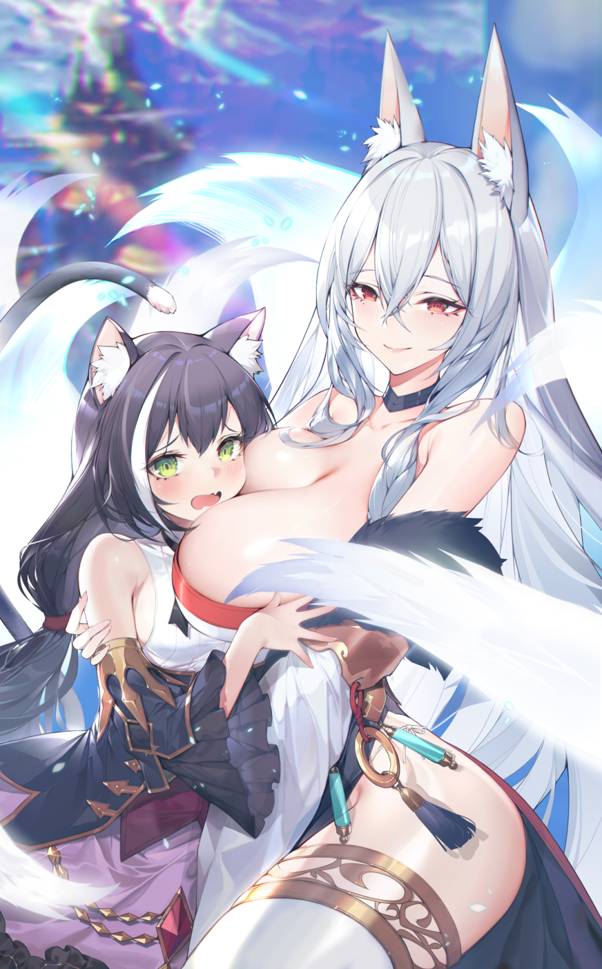2girls animal_ear_fluff animal_ears bare_hips breast_press breasts calder cleavage crossed_bangs dress face_to_breasts fox_ears fox_girl hair_between_eyes highres holding hug karyl_(princess_connect!) large_breasts long_hair looking_at_viewer multiple_girls princess_connect! senri_mana side_slit small_breasts tail thick_thighs thighhighs thighs very_long_hair white_hair white_legwear