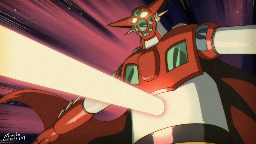 arm_blade armor cape energy_beam getter-1 getter_beam getter_robo getter_robo_(classic) glowing glowing_eyes head_spikes highres laser mecha mecha_focus miroku_(miroku_t) multicolored_armor no_humans outstretched_arms red_armor red_cape robot spread_arms super_robot upper_body weapon white_armor yellow_eyes