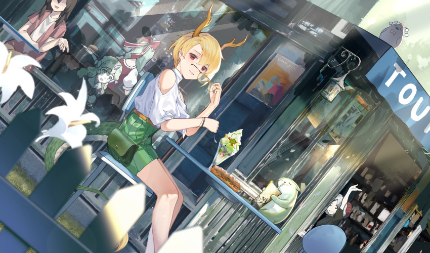 5girls absurdres alternate_costume antlers bag bespectacled bird blonde_hair blurry blurry_foreground bow bracelet bubble_tea cafe city closed_eyes closed_mouth clothing_cutout commentary_request contemporary dragon_girl dragon_tail drinking drinking_straw dutch_angle earrings feet_out_of_frame fence flower food glasses green_bag green_eyes green_hair green_skirt grey_hair grin hair_bow hakurei_reimu high-waist_skirt highres holding holding_removed_eyewear holding_spoon horns ice_cream jewelry kagiyama_hina kicchou_yachie komano_aunn lantern long_hair looking_at_viewer medium_hair miniskirt multiple_girls no_eyes open_clothes open_mouth open_shirt otter_spirit_(touhou) outdoors poster_(object) puffy_short_sleeves puffy_sleeves red_eyes red_ribbon red_shirt red_vest removing_eyewear ribbon sandwich shameimaru_aya shameimaru_aya_(crow) sheep_girl sheep_horns shirt short_hair short_sleeves shoulder_bag shoulder_cutout sitting skirt smile spoon table tail touhou toutetsu_yuuma unworn_eyewear vest wb_yimo white_flower white_shirt