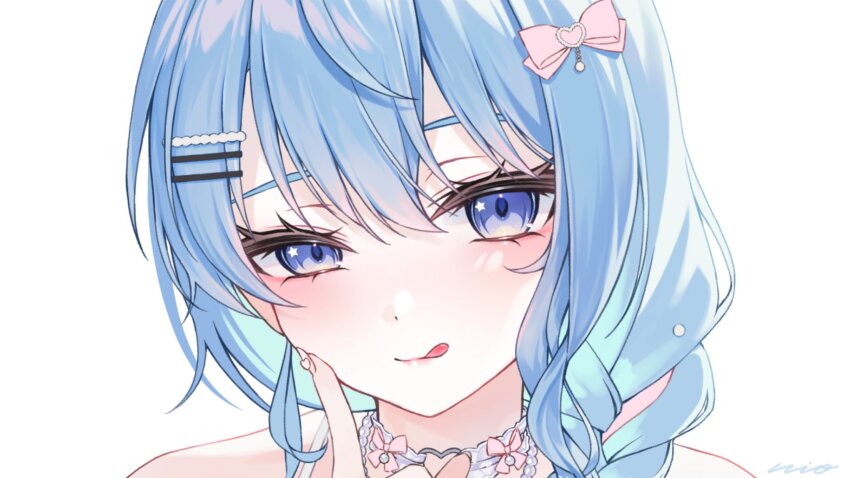 1girl :q artist_name bead_necklace beads blue_eyes blue_hair bow braid braided_ponytail choker closed_mouth commentary commentary_request eyelashes frilled_choker frills hair_between_eyes hair_bow hair_ornament hairclip heart heart_o-ring highres hololive hoshimachi_suisei index_finger_raised ishikawa_rio jewelry looking_at_viewer necklace o-ring o-ring_choker pink_bow portrait side_ponytail simple_background smile solo star_(symbol) star_in_eye symbol-only_commentary symbol_in_eye tongue tongue_out unfinished virtual_youtuber white_background white_choker