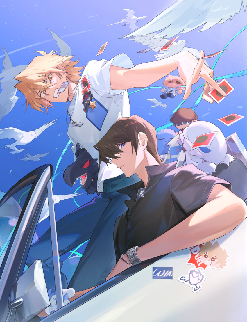 2boys bird black_shirt blonde_hair blue-eyes_white_dragon blue-eyes_white_dragon_(cosplay) blue_sky brown_hair car card cinnamoroll collared_shirt cosplay driving fuwa_fuwa_cinnamoroll highres holding holding_card inkerpape jonouchi_katsuya kaiba_seto looking_at_viewer medium_hair motor_vehicle mouth_hold multiple_boys red-eyes_black_dragon sanrio sharp_teeth shirt sky stuffed_toy teeth watch wristwatch yu-gi-oh! yu-gi-oh!_duel_monsters