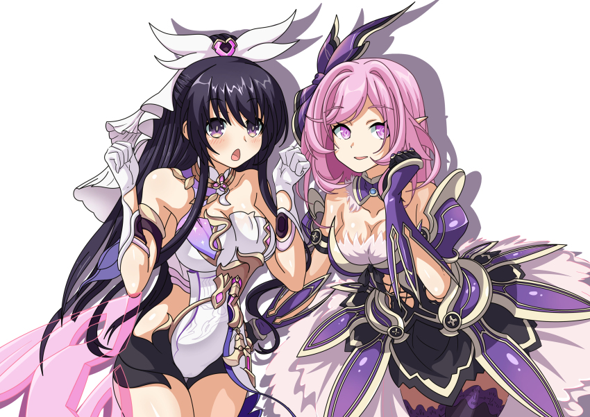 2girls :o absurdres armor armored_dress bare_shoulders black_dress black_shorts breasts collar collarbone commentary_request cosplay costume_switch cowboy_shot date_a_live detached_collar dress drop_shadow elysia_(herrscher_of_human:_ego)_(honkai_impact) elysia_(honkai_impact) gauntlets gloves hair_ornament hands_up highres honkai_(series) honkai_impact_3rd inoue_marina large_breasts leotard light_blush long_hair looking_at_viewer multiple_girls open_mouth parted_lips pink_hair pointy_ears purple_collar purple_eyes purple_hair short_shorts shorts shoulder_armor sideless_leotard simple_background smile thighs veil voice_actor_connection white_background white_gloves white_leotard white_veil yato_hebi yatogami_tohka