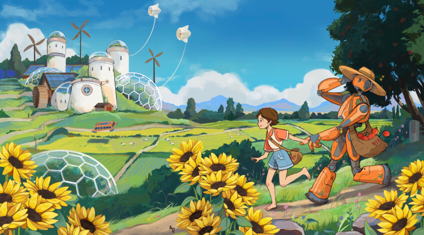 1girl alyanikish apple bag barefoot black_eyes blue_shorts blue_sky blush brown_bag brown_hair brown_hat building closed_mouth cloud copyright_request day dome field flower food fruit grass hand_on_headwear hat highres holding_hands midriff orange_shirt outdoors procreate_(medium) profile robot running shirt short_hair short_sleeves shorts shoulder_bag sky smile solarpunk sun_hat sunflower tree wind_turbine windmill
