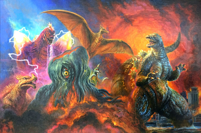 alien anguirus bob_eggleton building carapace city colored_sclera crystal cyborg destroy_all_monsters destruction dinosaur electricity energy epic explosion fire flying gigan godzilla_(series) godzilla_vs._gigan godzilla_vs._hedorah godzilla_vs._king_ghidorah godzilla_vs._mechagodzilla_ii godzilla_vs._spacegodzilla hedorah horns kaiju no_humans pink_electricity pteranodon pterosaur red_eyes red_sclera rodan sea_monster skyscraper smoke space_monster spacegodzilla spikes tail toho tusks water wings yellow_eyes